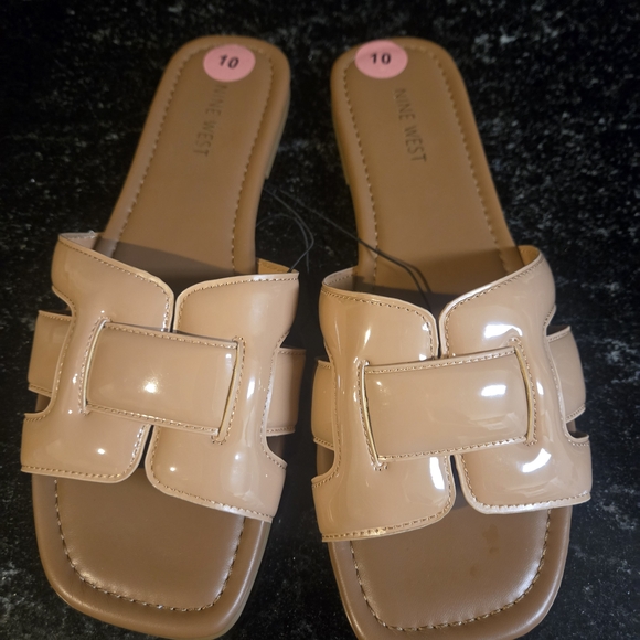 Nine West Shoes - Nine West Beige Patent Slide Sandals